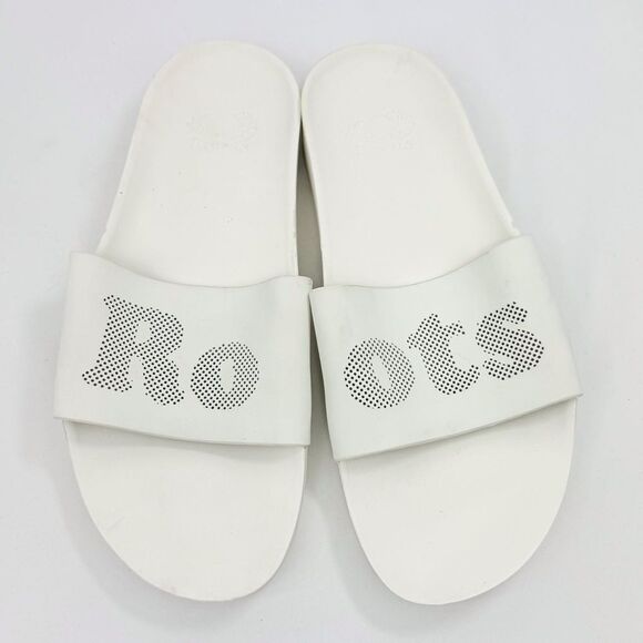 ROOTS Long Beach Pool Slide in White Perforated Spellout - Picture 3 of 11